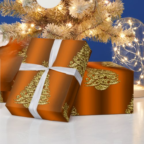 Gold Christmas Trees on Metallic Orange Wrapping Paper