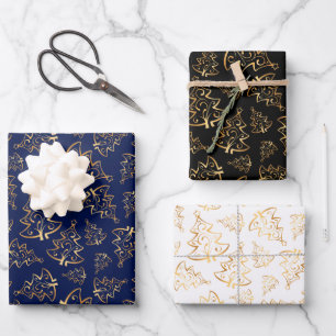 Gold Christmas Trees on Navy Blue, Black, White Wrapping Paper Sheets