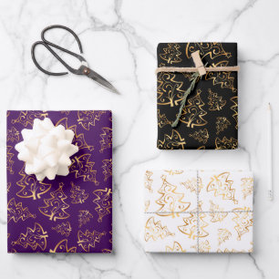 Gold Christmas Trees on Purple, Black, White Wrapping Paper Sheets