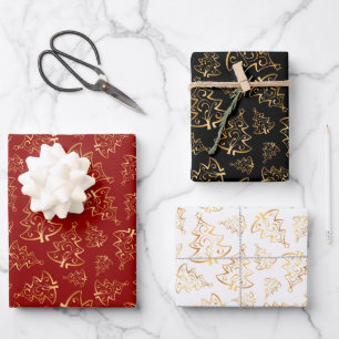 Gold Christmas Trees on Red, Black, White Wrapping Paper Sheets