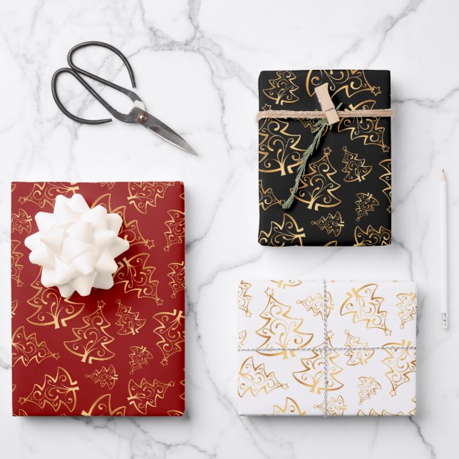 Gold Christmas Trees on Red, Black, White Wrapping Paper Sheets (Front)