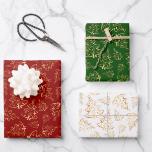 Gold Christmas Trees on Red, Green, White Wrapping Paper Sheets