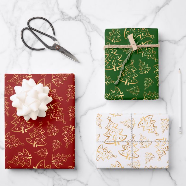 Gold Christmas Trees on Red, Green, White Wrapping Paper Sheets (Front)
