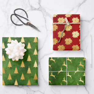 Gold Christmas Trees, Poinsettias and Reindeers Wrapping Paper Sheets