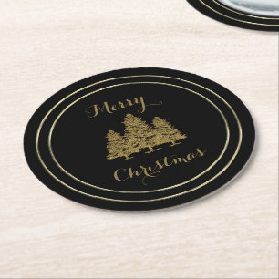 Gold Christmas Trees Round Paper Coaster