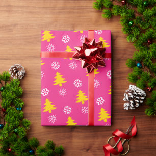 Gold Christmas Trees & White Snow Flakes, Fuchsia Wrapping Paper