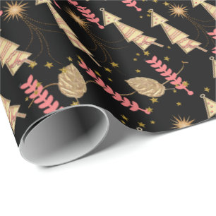 Gold Christmas Trees Wrapping Paper Black
