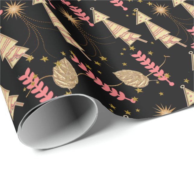 Gold Christmas Trees Wrapping Paper Black (Roll Corner)