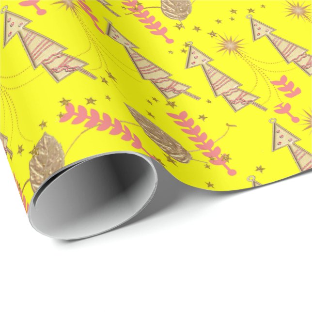 Gold Christmas Trees Wrapping Paper Yellow  (Roll Corner)