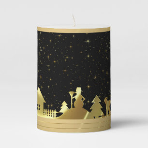 Gold Christmas Village Black Background Flameless  Pillar Candle