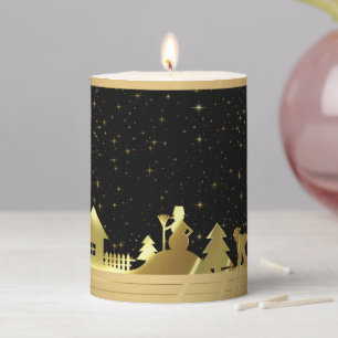 Gold Christmas Village Black Background Flameless Pillar Candle