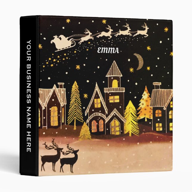 Gold Christmas Village Deer Winter Night 3 Ring Binder (Front/Spine)