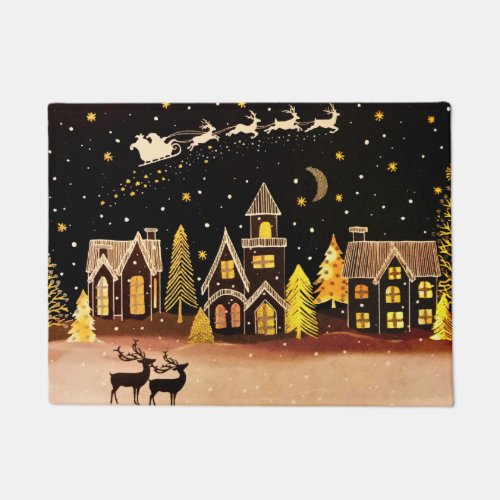 Gold Christmas Village Deer Winter Night Doormat