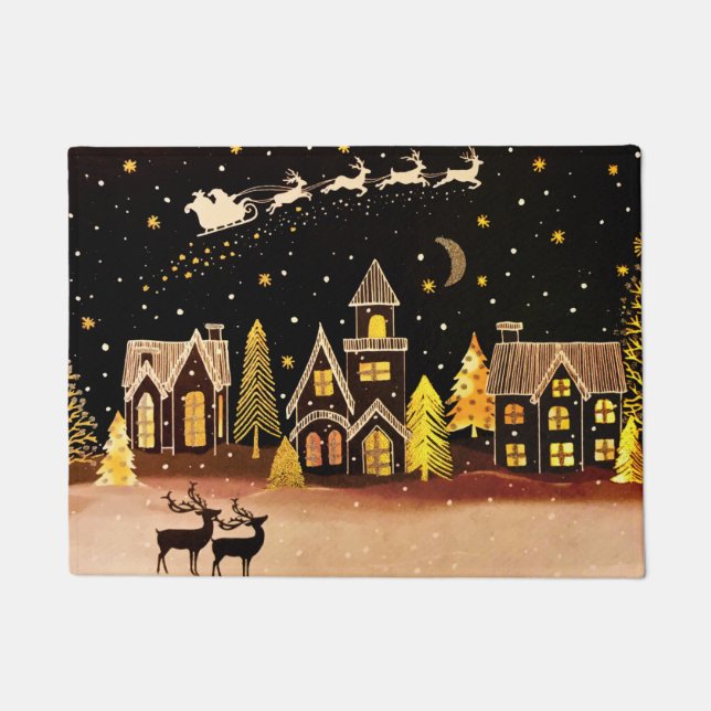 Gold Christmas Village Deer Winter Night Doormat (Front)