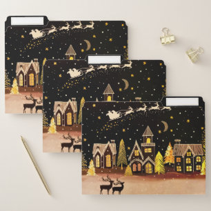 Gold Christmas Village Deer Winter Night File Folder