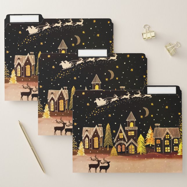 Gold Christmas Village Deer Winter Night File Folder (Set)
