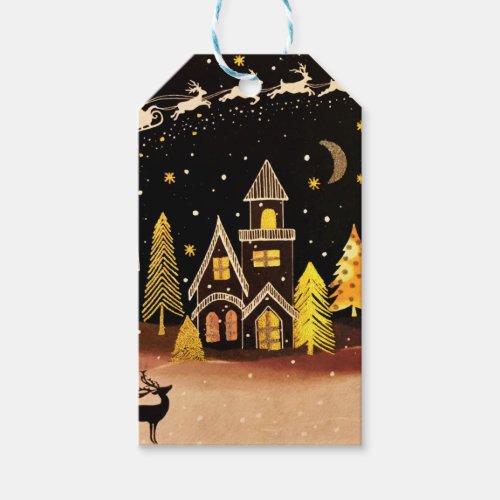 Gold Christmas Village Deer Winter Night Gift Tags