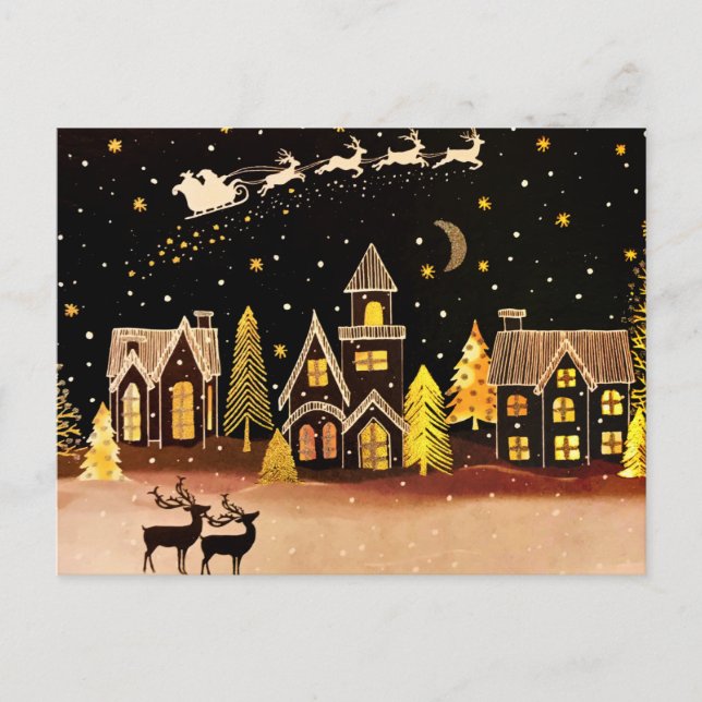 Gold Christmas Village Deer Winter Night Holiday Postcard (Front)