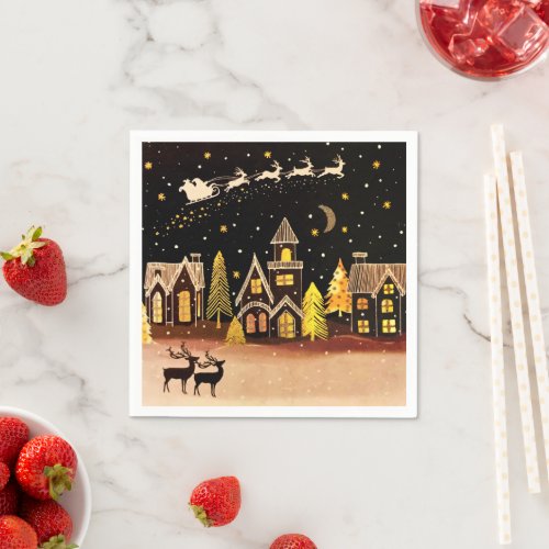 Gold Christmas Village Deer Winter Night Napkins