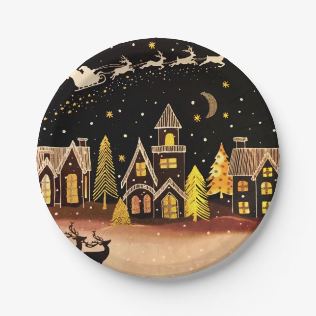 Gold Christmas Village Deer Winter Night Paper Plates (Front)
