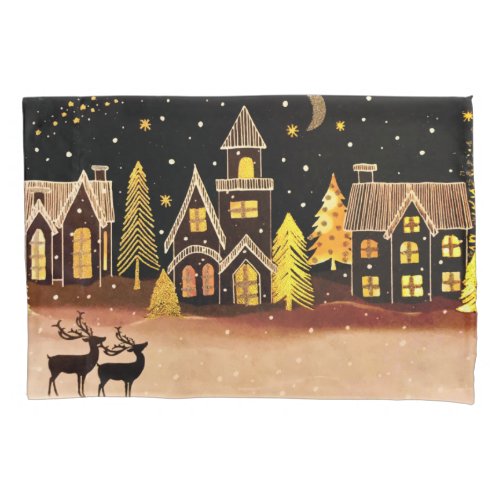Gold Christmas Village Deer Winter Night Pillow Case