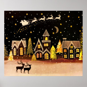 Gold Christmas Village Deer Winter Night Poster