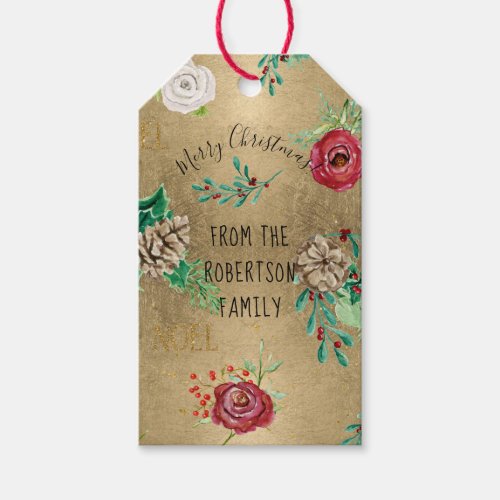 Gold Christmas Watercolor Burgundy Floral Family Gift Tags
