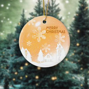 Gold Christmas White Snow House Happy New Year Ceramic Ornament