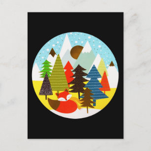 Gold Christmas Winter Baby Fox Pine Forest Postcard