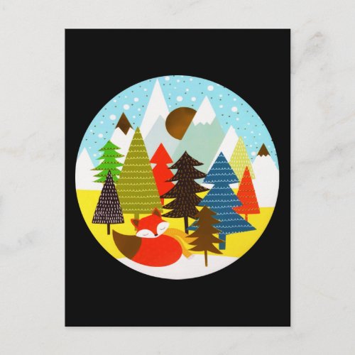 Gold Christmas Winter Baby Fox Pine Forest Postcard