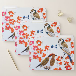 Gold Christmas Winter Birds Holly Berries Branches File Folder