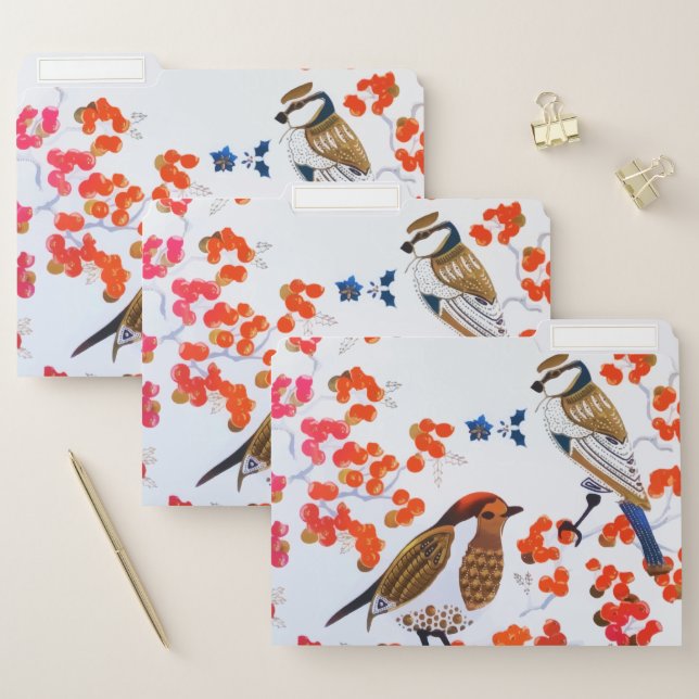 Gold Christmas Winter Birds Holly Berries Branches File Folder (Set)