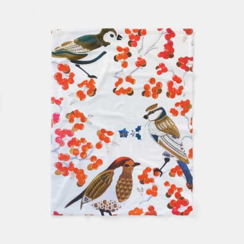 Gold Christmas Winter Birds Holly Berries Branches Fleece Blanket