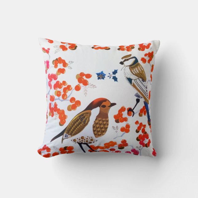 Gold Christmas Winter Birds Holly Berries Branches Throw Pillow (Front)