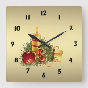 Gold Christmas with Black Numbers Square Wall Clock