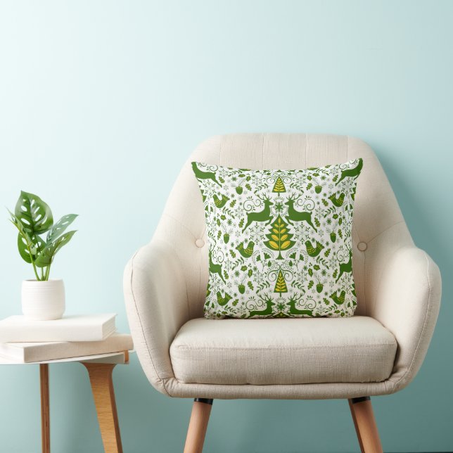 Gold Christmas Woodland Deer Birds in Bloom Throw Pillow (Chair)