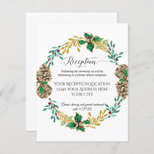 Gold Christmas Wreath Foliage Wedding Reception Invitation