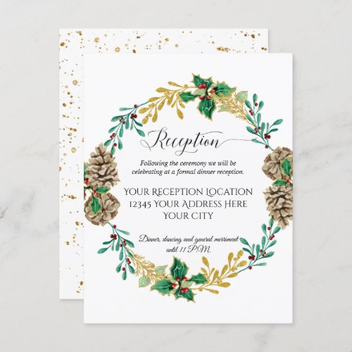 Gold Christmas Wreath Foliage Wedding Reception Invitation