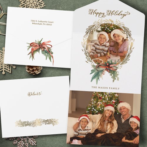 Gold Christmas Wreath Happy Holidays Script Photo All In One Invitation