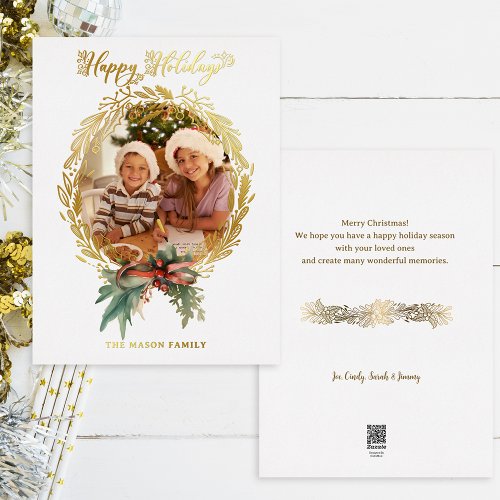 Gold Christmas Wreath Happy Holidays Script Photo Foil Holiday Card