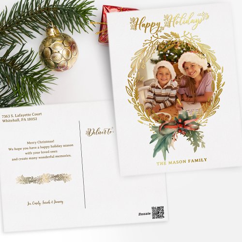 Gold Christmas Wreath Happy Holidays Script Photo Foil Holiday Postcard