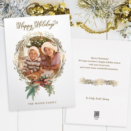 Gold Christmas Wreath Happy Holidays Script Photo Holiday Card