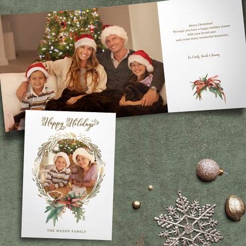 Gold Christmas Wreath Happy Holidays Script Photo Tri_Fold Card