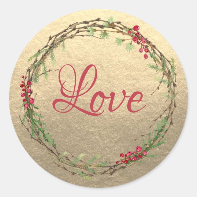 Gold Christmas Wreath Love Classic Round Sticker (Front)