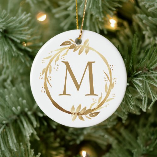 Gold Christmas Wreath Monogram  Family Photo Ceramic Ornament
