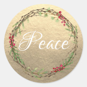 Gold Christmas Wreath Peace Classic Round Sticker