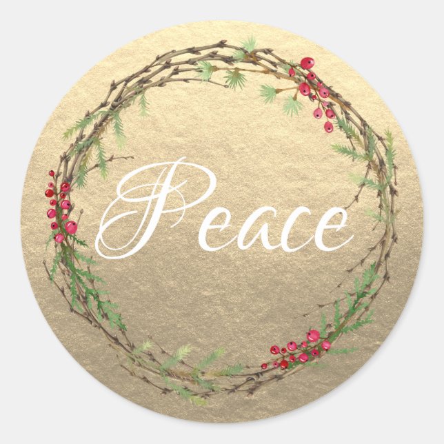 Gold Christmas Wreath Peace Classic Round Sticker (Front)