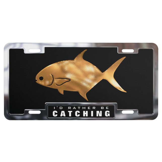 Gold & Chrome (faux) Pompano Fish with Frame License Plate (Front)
