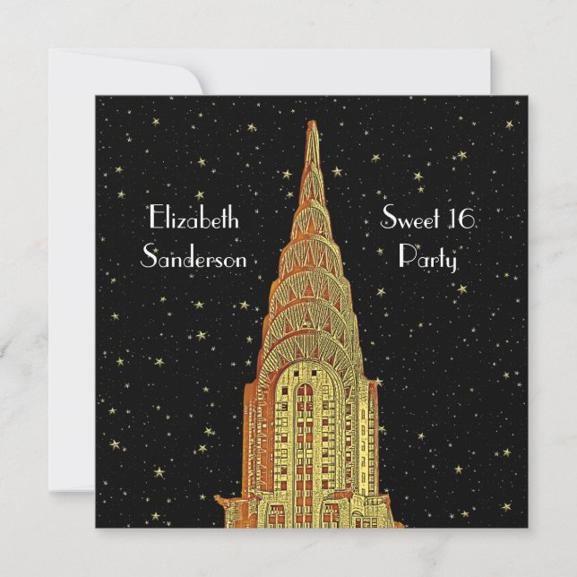 Gold Chrysler Bldg Skyline #2 Starry Sweet 16 SQ Invitation (Front)