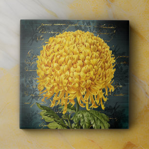 Gold Chrystanthemum on Teal Damask and Handwriting Ceramic Tile